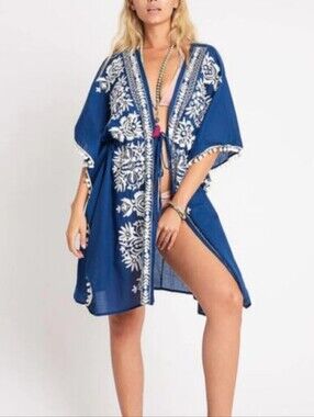 Debbie Katz Embroidered Cotton Swim Cover Up Small Blue White Pom Pom Tassel Tie